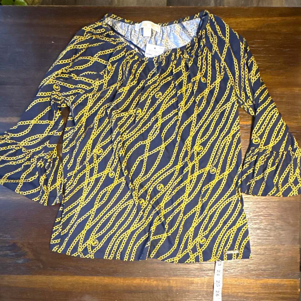 MICHAEL Michael Kors Womens Top S NWT Navy Gold Chain Logo Print Bell Sleeve